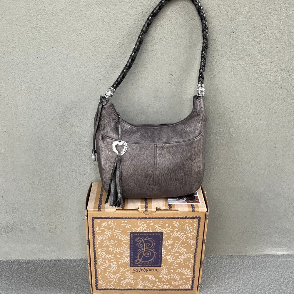 Brighton Barbados Ziptop Leather Hobo Shoulder Handbag in Pewter